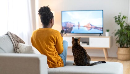 Woman watches TV on couch, cat beside her