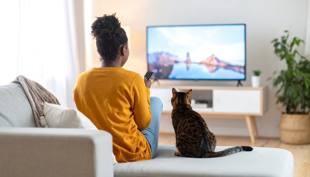 Woman watches TV on couch, cat beside her