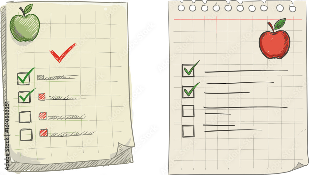 Poster two checked checklists with green and red apples drawn on paper