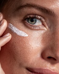 Clean Beauty Close-Ups with vivid skin tones under soft light A close-up of a woman applying cream to her face, showcasing a fresh and natural skincare routine.