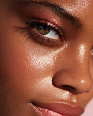 Clean Beauty Close-Ups with vivid skin tones under soft light Close-up portrait of a beautiful person showcasing glowing skin and captivating eyes, highlighting beauty and confidence.