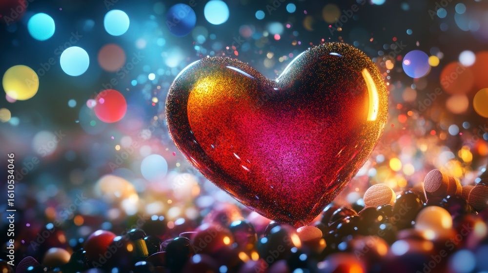Poster glowing heart shape on colorful bokeh background.