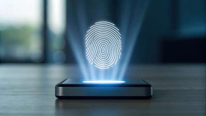 Fingerprint icon rising from scanner base with light beams — unlocking secure digital access
