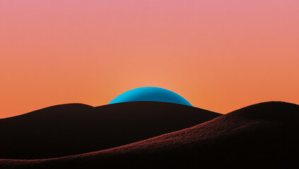 A minimalist landscape featuring an abstract blue dome on the horizon, set against a vibrant gradient sky in a mix of soft pink and warm orange at sunset.