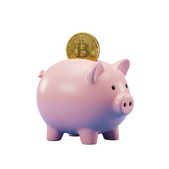 A pink piggy bank with a gold Bitcoin coin resting on its slot. isolated on a transparent background, png, cutout