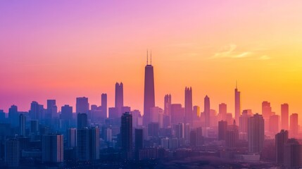 Fototapeta premium Vibrant sunset cityscape skyline with hazy, colorful skyscrapers.