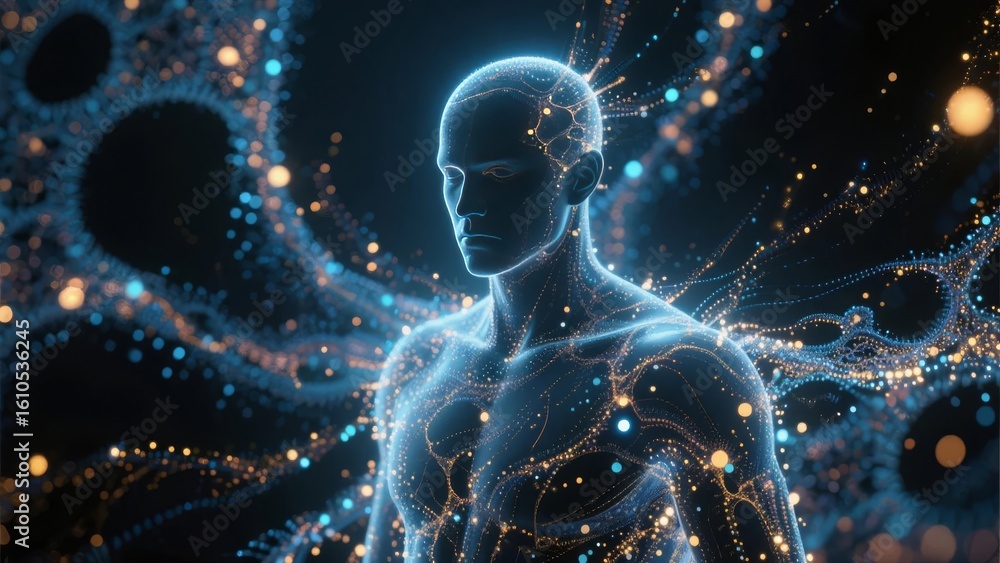 Poster human figure illuminated by neural networks and particles
