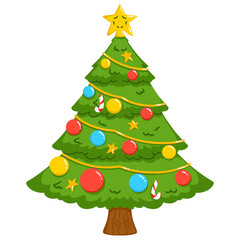 Decorated Christmas Tree with stars, lamp and colorful ball for celebrating Christmas