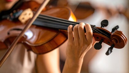 Close-up of a Violinist's Hand Playing a Violin with Bow and Strings