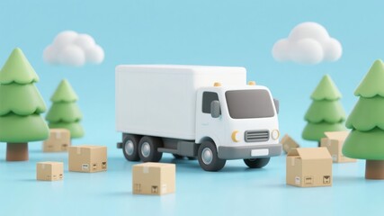 3D Illustration of a Delivery Truck Surrounded by Boxes and Trees