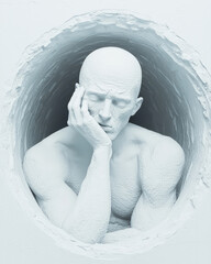Mental Health Boredom loneliness Concept, figure white, textured environment expresses deep thoughts, reflecting mental health, boredom