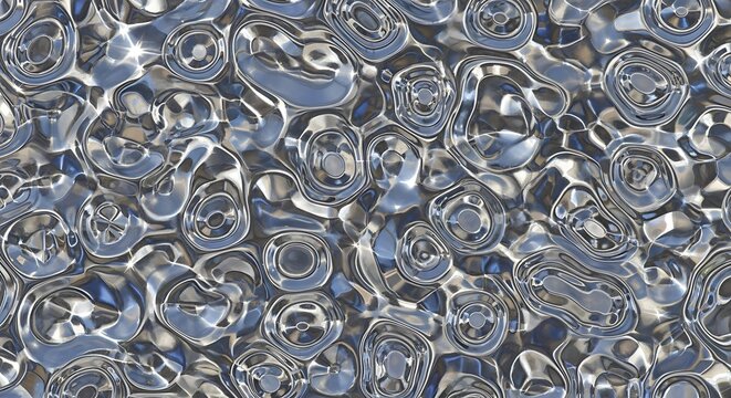 Abstract background featuring a shiny, rippled, and distorted surface with circular and organic shapes, creating a liquid metal effect.