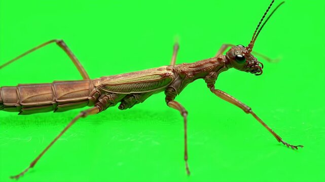 3D Rendering of a Brown Stick Insect Phasmida Isolated on Green Screen for Production