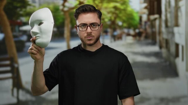 Young man with beard and glasses removes white mask while standing on a bustling city street, blending mystery with urban life.
