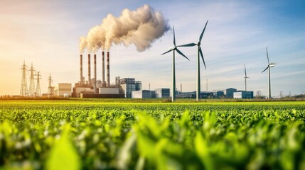 Wind Turbines and Power Plant in Lush Green Field