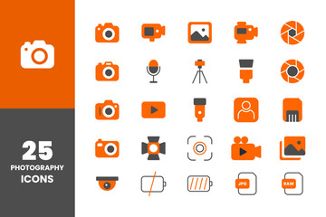 A modern set of 25 photography and videography orange color icons featuring cameras, lenses, tripods, flash, and more. Perfect for apps, websites, and creative digital projec