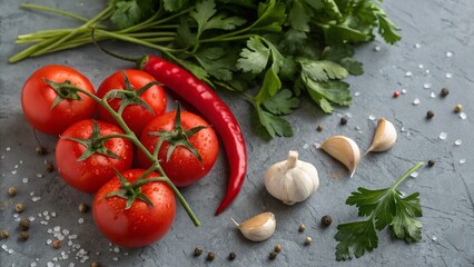 Fresh tomatoes, garlic, chili pepper and parsley on a surface