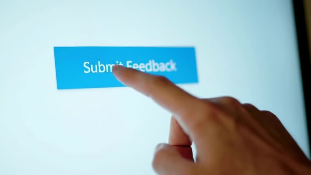 Hand touching a blue submit feedback button