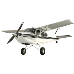 Sleek white single-engine propeller aircraft poised for adventure, offering a clear view of its durable landing gear and spacious cabin for aerial exploration.