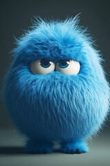 Fluffy blue creature standing in a dimly lit environment, showcasing its unique features