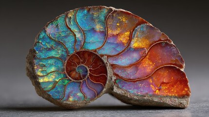 Rainbow iridescent opalized ammonite, used in fossil displays, design projects, or prehistoric backgrounds. Colorful and ancient texture.