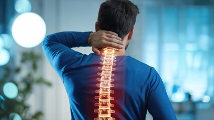 Man experiencing neck pain with glowing spinal column highlighting discomfort and medical concern
