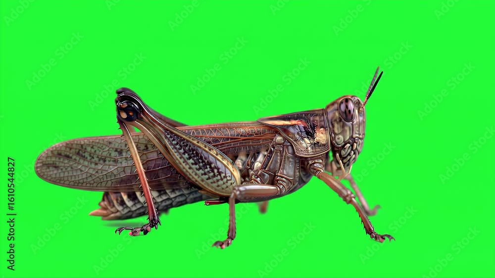 Poster detailed 3d rendering of grasshopper caelifera on green screen background isolated for digital produ