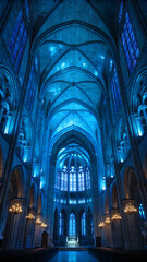 Illuminated Gothic Cathedral Interior with Vaulted Ceilings and Blue Lighting