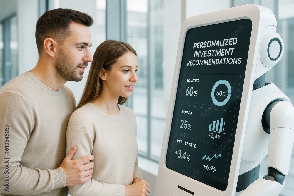 Poster couple consulting investment robot with financial data on screen in modern office environment focuse