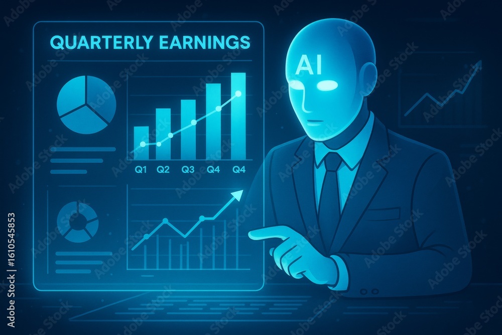 Poster ai humanoid analyzing quarterly earnings chart with glowing data graphics on abstract digital backgr