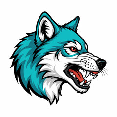 Fierce blue wolf mascot head, roaring aggressively with sharp teeth for sports team logo design