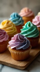 Colorful cupcakes displayed on a wooden tray
