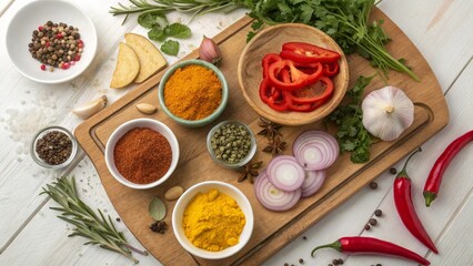 A vibrant assortment of spices and herbs for cooking