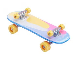 Colorful skateboard with yellow wheels isolated on a transparent background pink