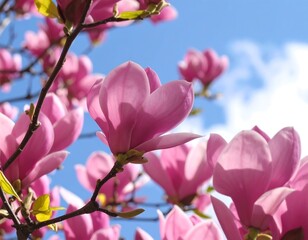 Obraz premium Blossoming magnolia flowers against a vibrant blue sky