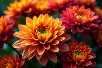 Luxurious gold & crimson chrysanthemums, densely packed petals , nature, flower arrangement