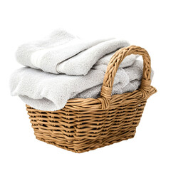 Obraz premium Discover plush comfort with this inviting wicker basket brimming with soft, fluffy gray towels ready for your cozy home or spa sanctuary.