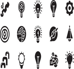 Naklejka premium Collection of black and white icons representing ideas and thought processes on a white background