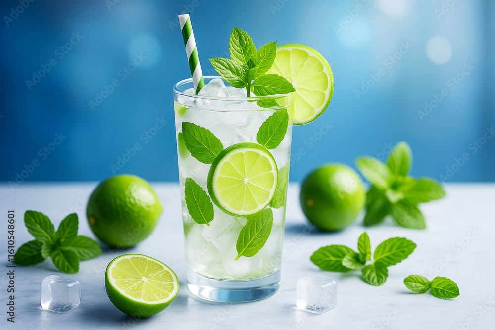 Poster refreshing lime and mint drink with ice cubes in a glass on a marble surface with limes and leaves o