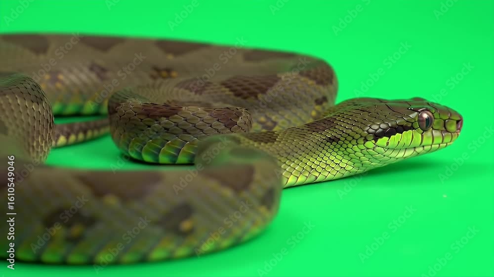 Poster green tree python morelia viridis isolated on green screen realistic 3d animation