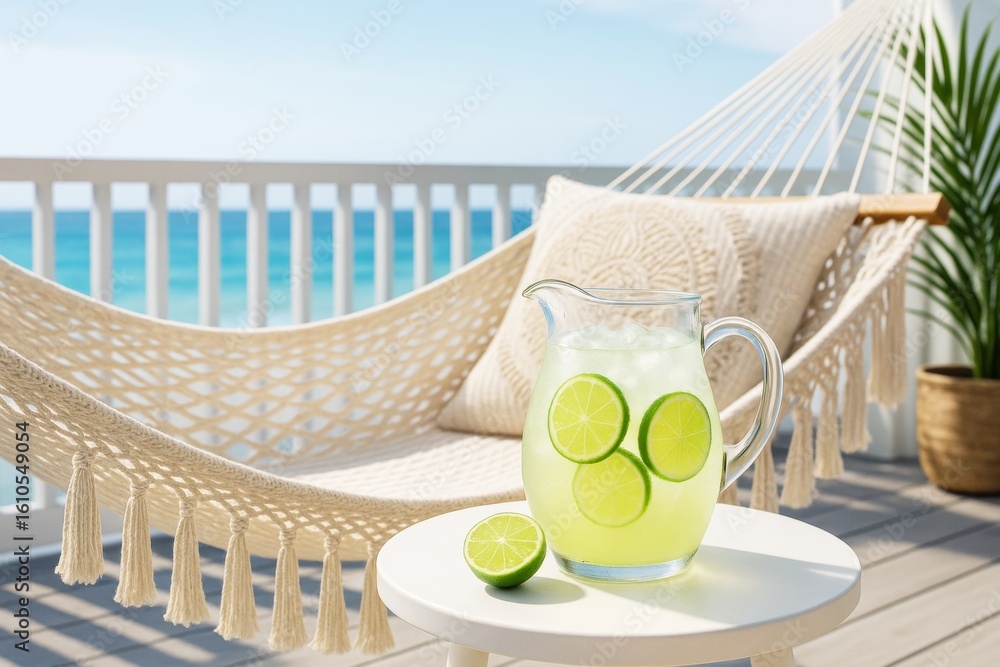 Aufkleber refreshing lime drink in glass pitcher with ice on table by hammock and ocean background in bright n