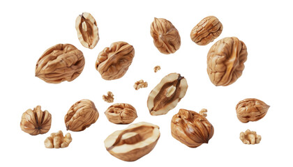 Realistic Floating Walnuts with Cracked Shells and Kernels Isolated on White Background

