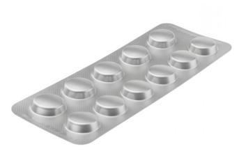 A sealed blister pack containing ten round silver pills or tablets isolated on transparent background