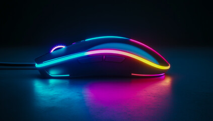 A sleek and modern wireless mouse with vibrant glowing neon lights on the bottom, set against a minimalist, dark empty background.