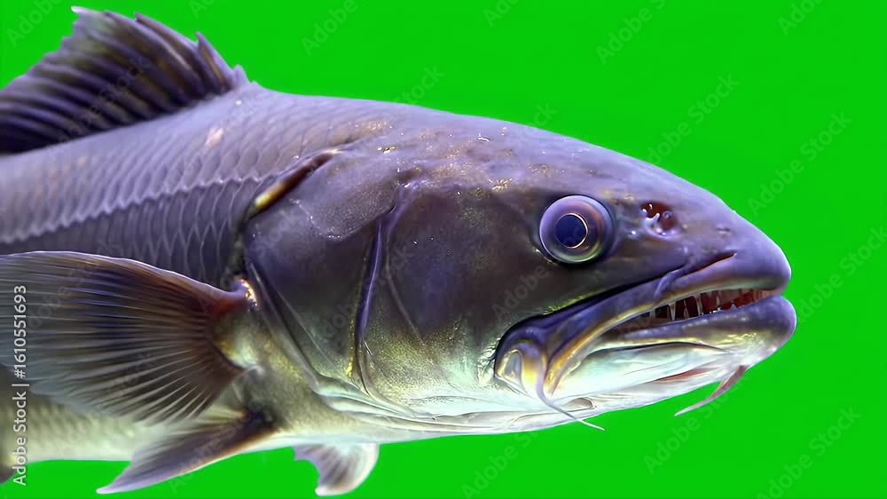 Poster realistic 3d animation of a single payara vampire fish isolated on green screen highlighting long fa
