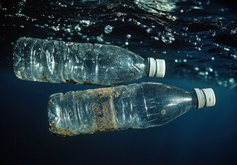 Plastic bottles submerged underwater with dirt and debris in a dark aquatic environment showcasing ocean pollution