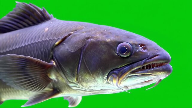 Realistic 3D Animation of a Single Payara Vampire Fish Isolated on Green Screen Highlighting Long Fangs and Powerful Jaws for Wildlife or Educational Content