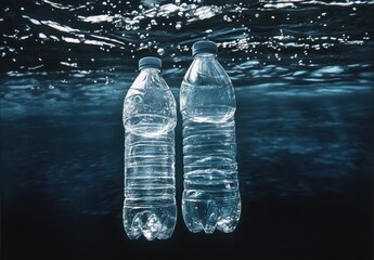 Two Clear Water Bottles Floating Underwater in a Deep Blue Sea Environment
