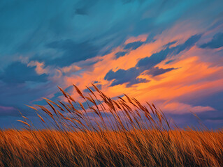 golden grass field under dramatic twilight sky landscape nature