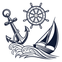 Nautical Anchor Ship Wheel Sailboat Ocean Waves Vintage Design Graphic